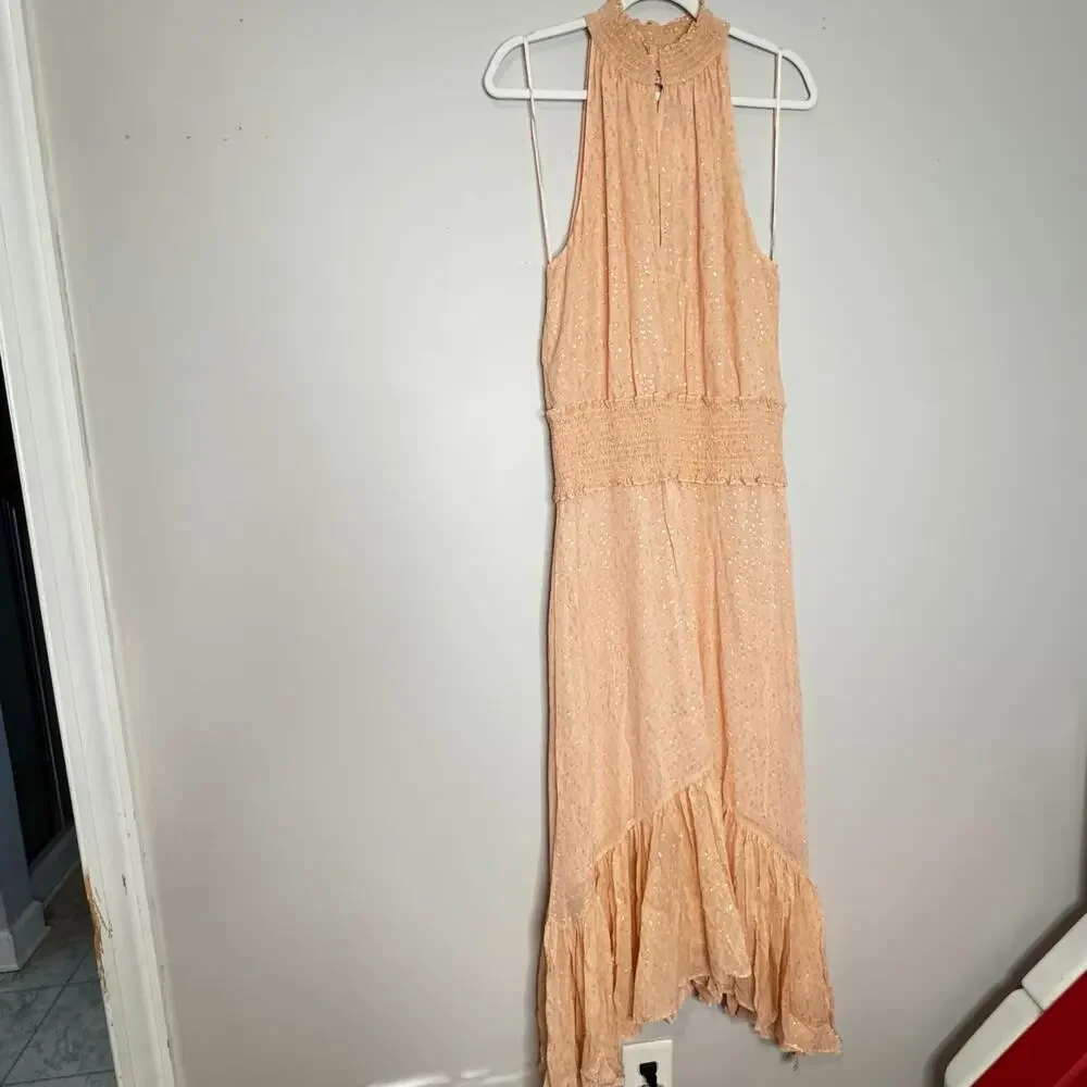 A.L.C. Kaia Halter Neck Blush Smocked Silk Metallic Midi Dress Size 8 NWT - Picture 6 of 10